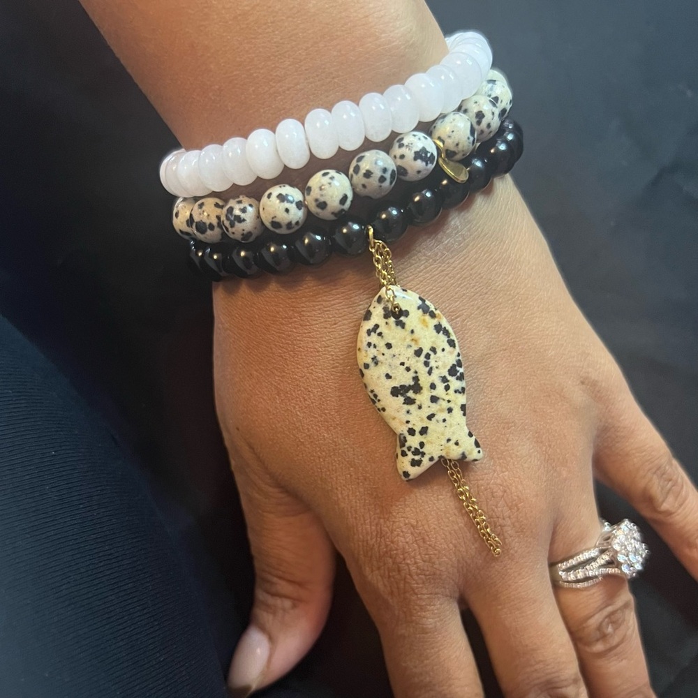 Faith Fish Natural Stone 3 Bracelet Set w Dalmatian Fish - Picture 3 of 4